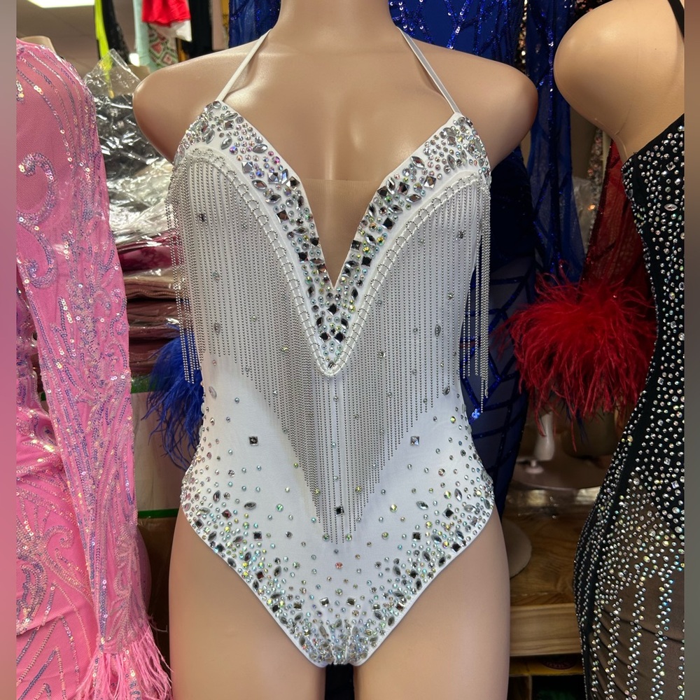 White bodysuit with clear crystals and fringes, stretchy,S M L
